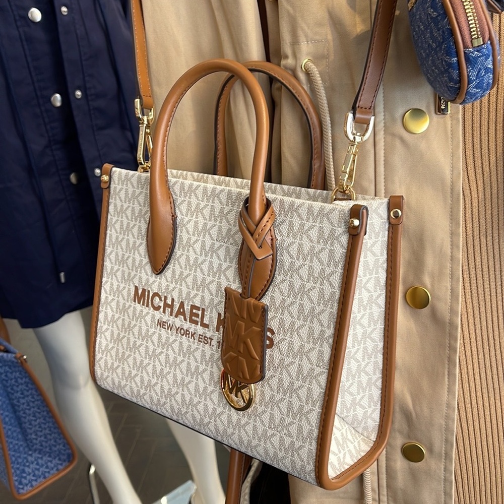 Michael Kors Mirella Small Shopper Top Zip Crossbody Bag Vanilla Logo MK